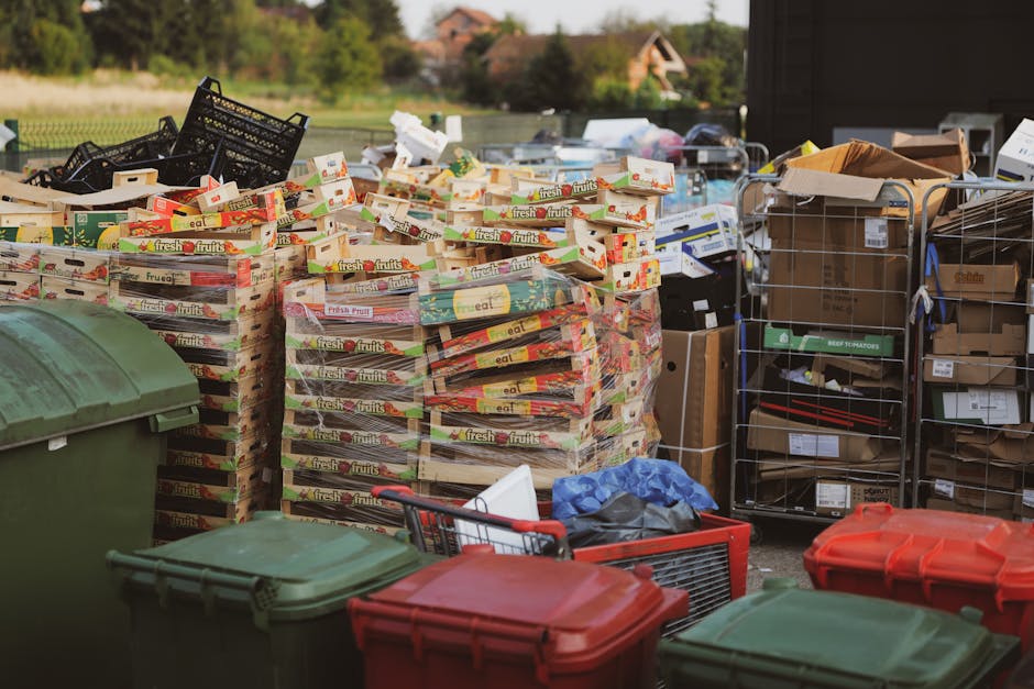 An outdoor scene showing a large collection of discarded cardboard boxes, primarily stacked in tidy piles, with brightly coloured packaging for fresh fruit and vegetable produce visible on some of the